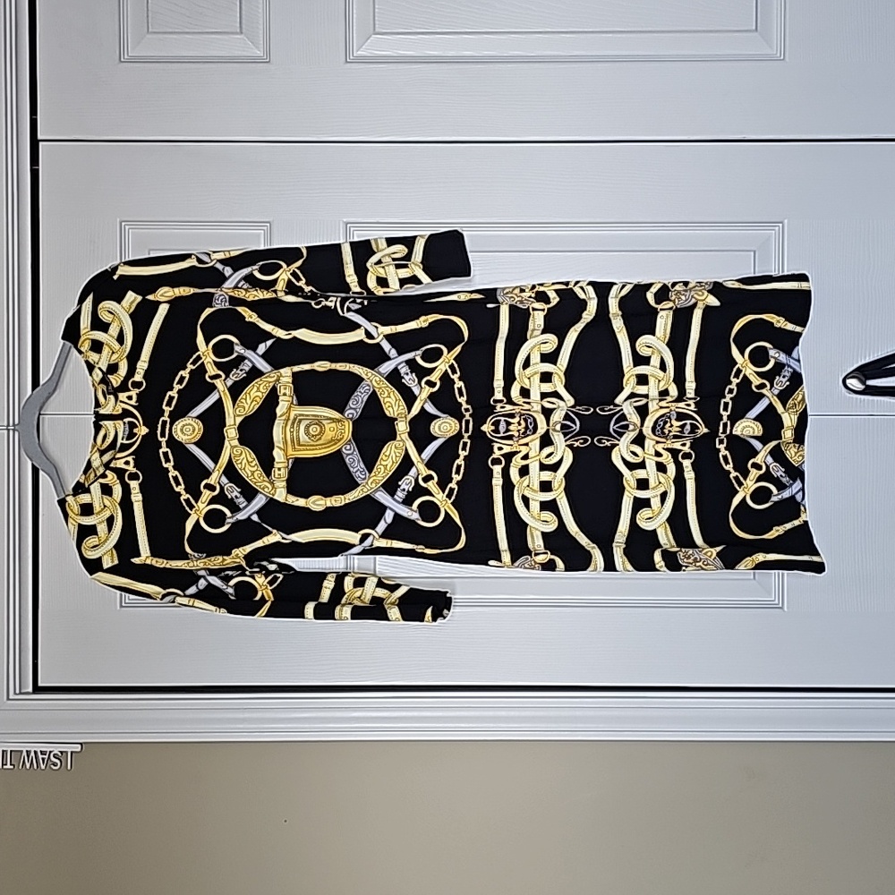 J. McLaughlin Black and Gold Chain-Print Midi Dress